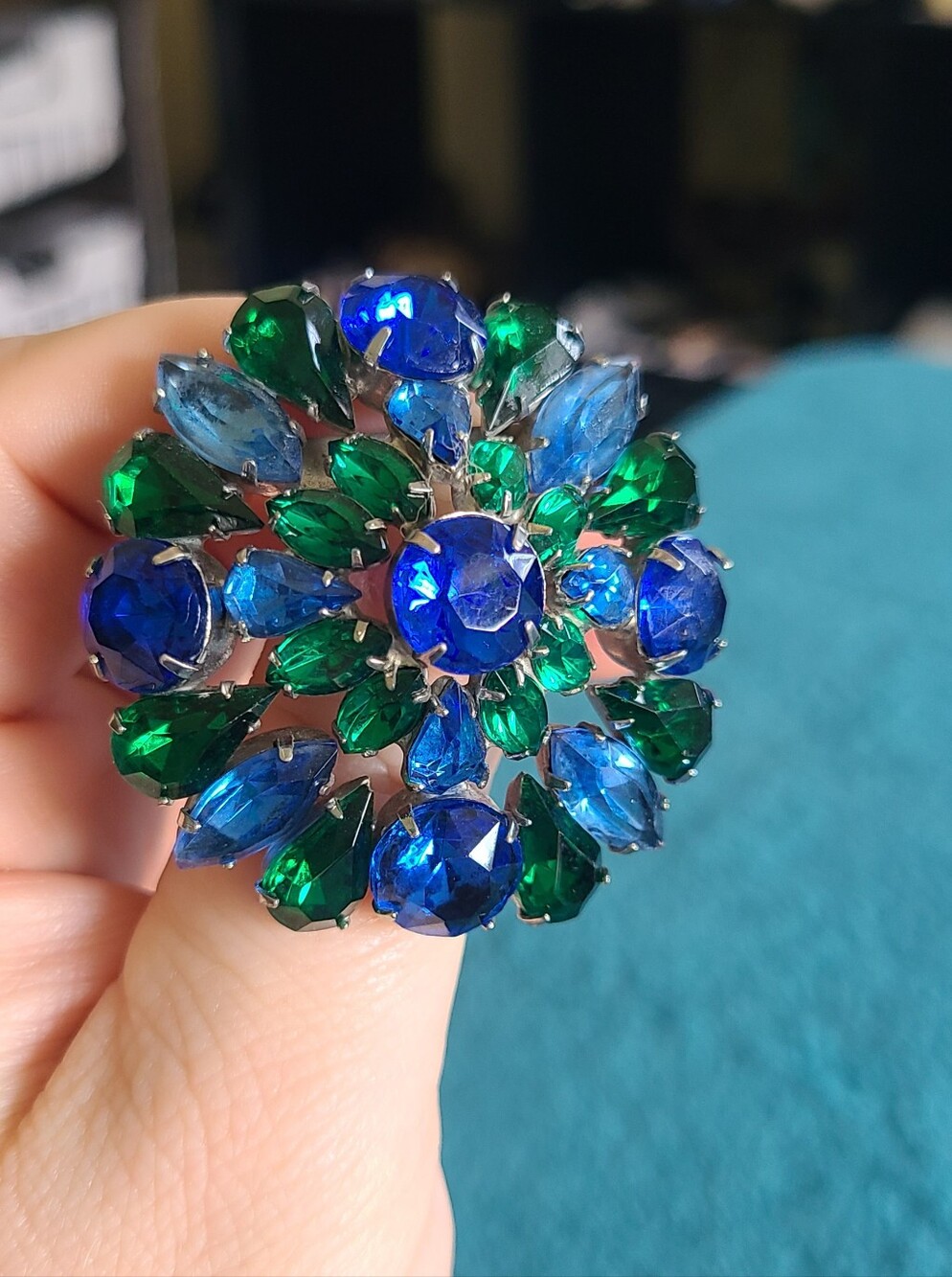 Vintage Blue and Green Crystal Floral Brooch - Women Jewelry